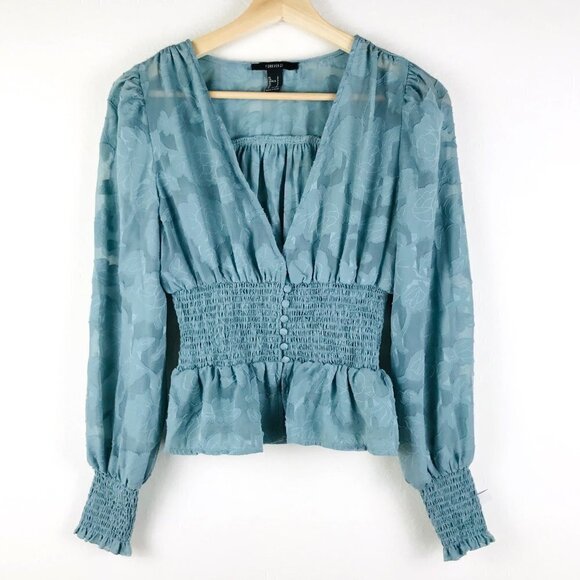 Forever 21 Green Long-Sleeve Smocked Waist Peplum Top Size Small - Picture 1 of 9